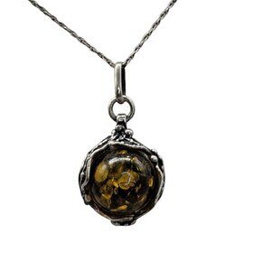 925 Ornate Baltic Amber Pendant Necklace Sterling Silver Setting 18" Cable Chain